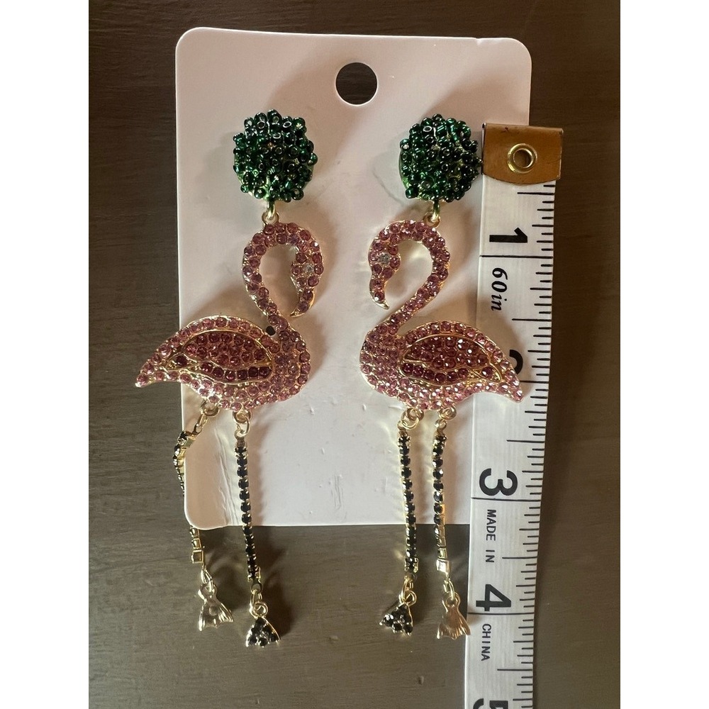 Flamingo Dangle Earrings Pink Green Rhinestone Tropical Statement Vacation Party